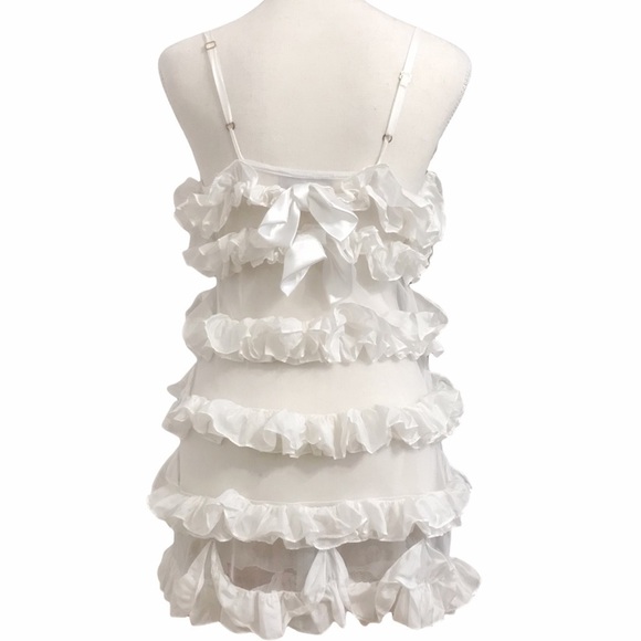 𝅺FLORA NIKROOZ WHITE LAYERED RUFFLE SATIN-LIKE AND MESH STRIPES BABYDOLL - Picture 2 of 5
